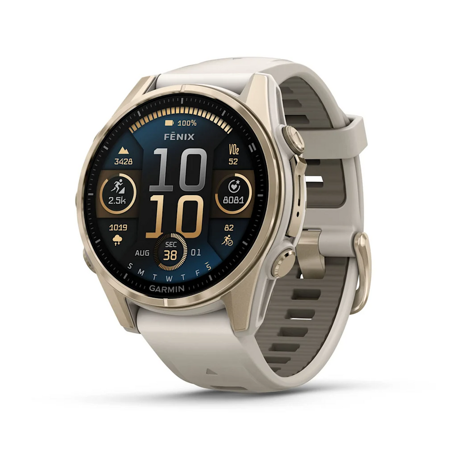 Garmin Fenix 8 - 43mm - AMOLED Sapphire - Soft Gold with Fog Grey Dark Sandstone Band