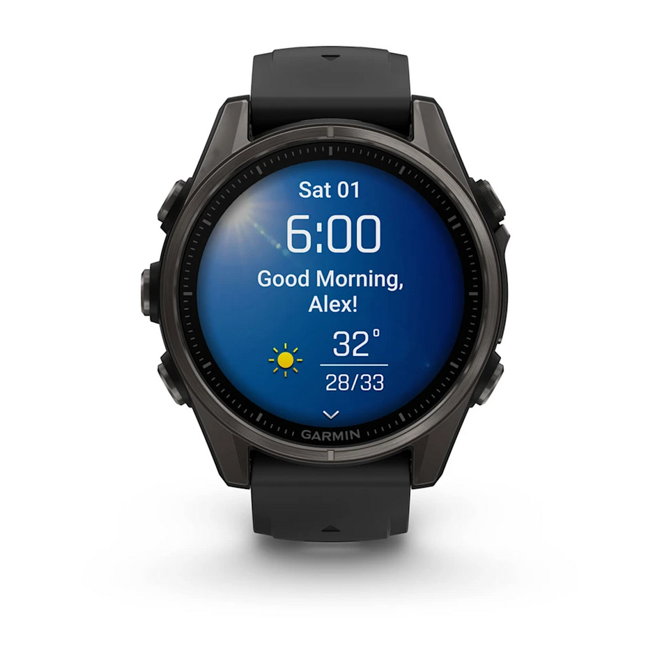 Garmin Fenix 8 - 43mm - AMOLED Sapphire - Carbon Grey DLC Titanium with Black/Pebble Grey Band
