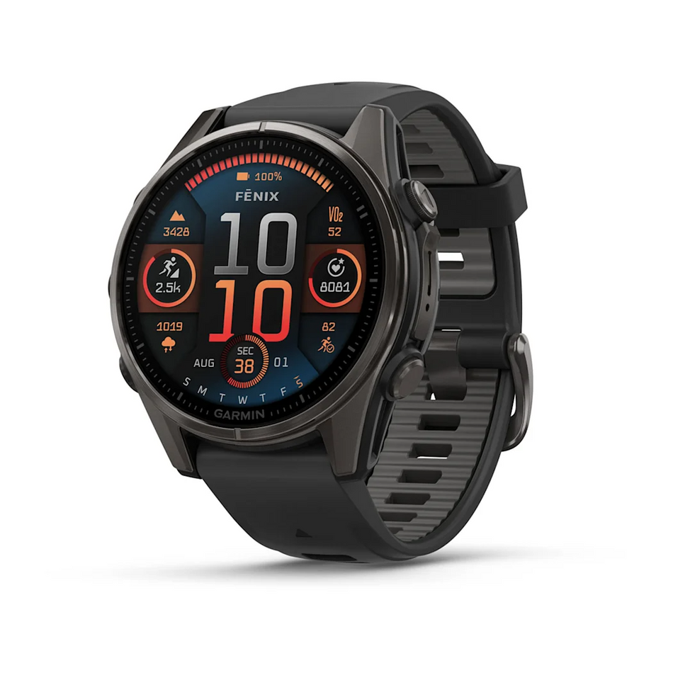 Garmin Fenix 8 - 43mm - AMOLED Sapphire - Carbon Grey DLC Titanium with Black/Pebble Grey Band