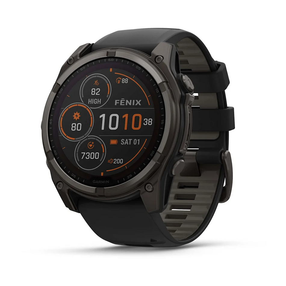 Garmin Fenix 8 - 51mm - Solar Sapphire - Carbon Grey DLC Titanium with Black/Pebble Grey Silicone Band