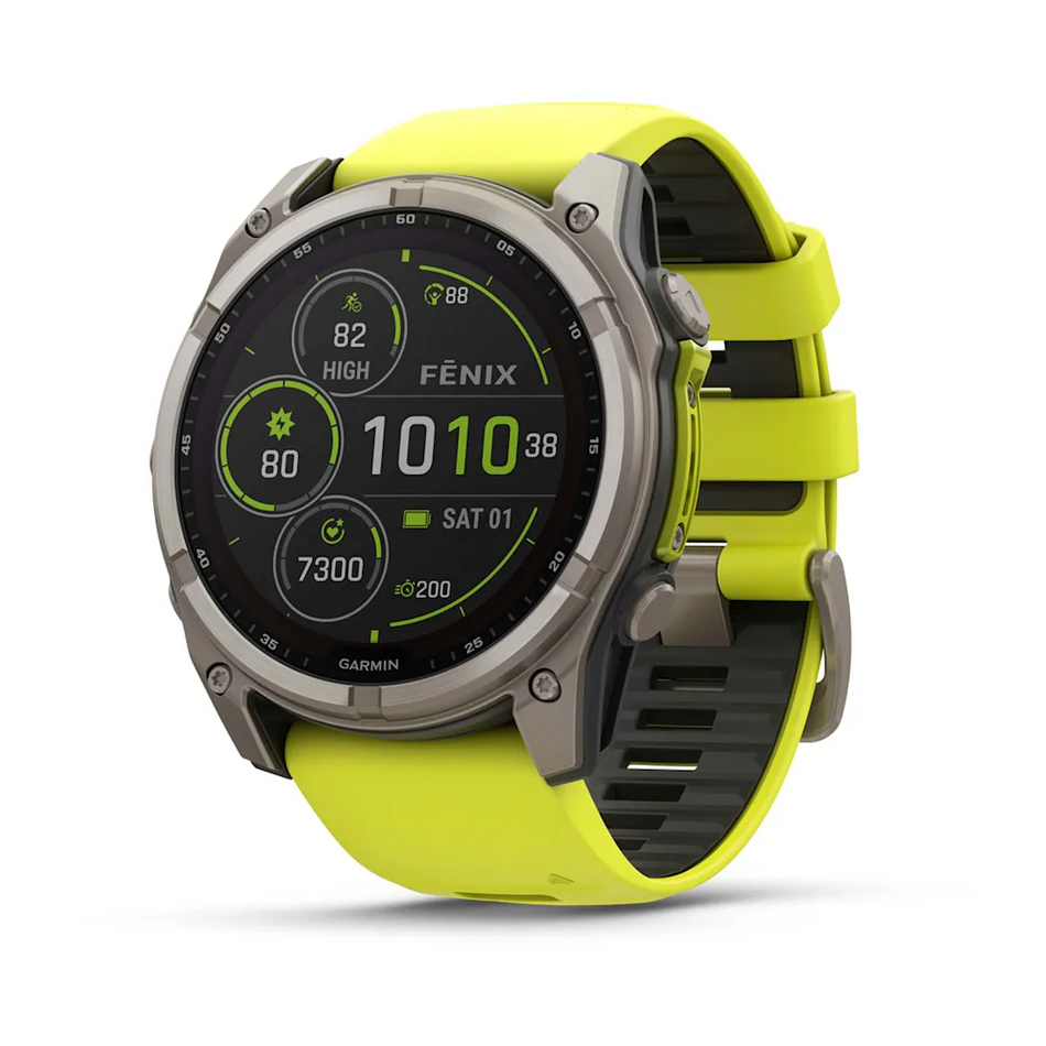Garmin Fenix 8 - 51mm - Solar Sapphire - Titanium with Amp Yellow/Graphite Silicone Band