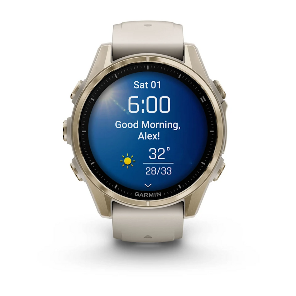 Garmin Fenix 8 - 43mm - AMOLED Sapphire - Soft Gold with Fog Grey Dark Sandstone Band