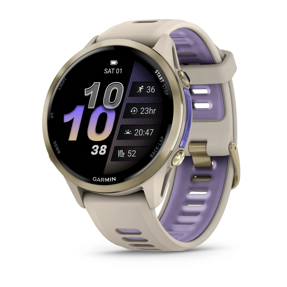 Garmin Forerunner 970 - Soft Gold Titanium with French Grey Case and French Grey/Translucent Indigo Band