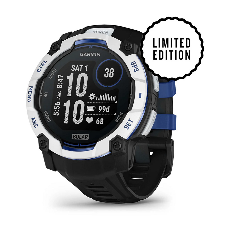 Garmin Instinct 3 50mm - Solar Whitestone with Black/Bolt Blue Silicone Band