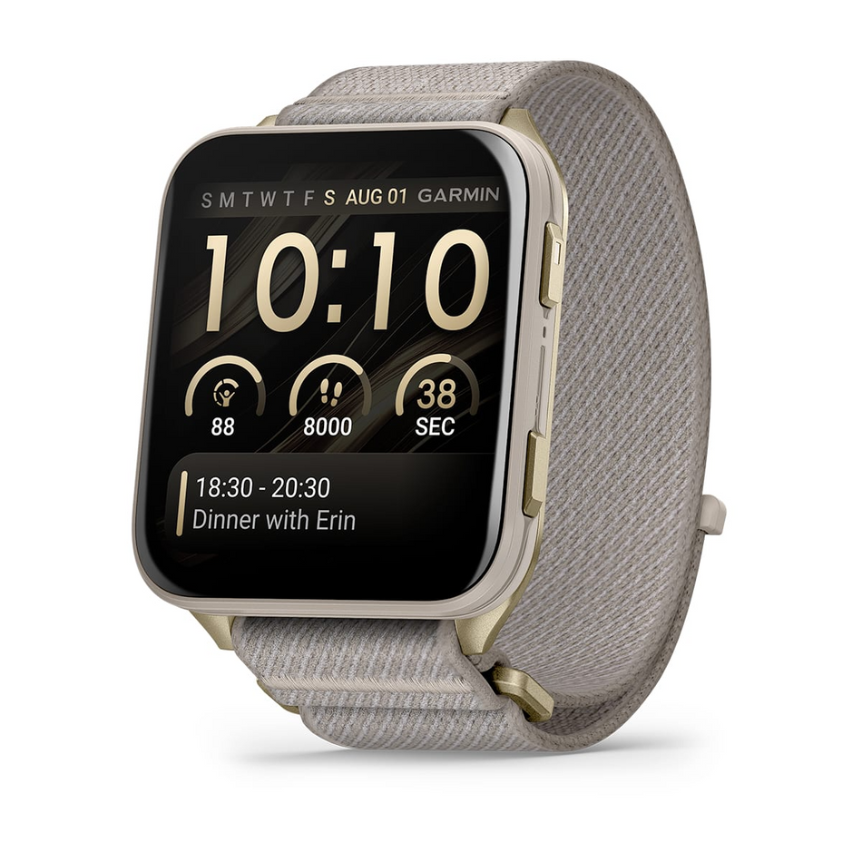 Garmin Venu X1 - Soft Gold with Titanium Caseback and French Gray Nylon Band
