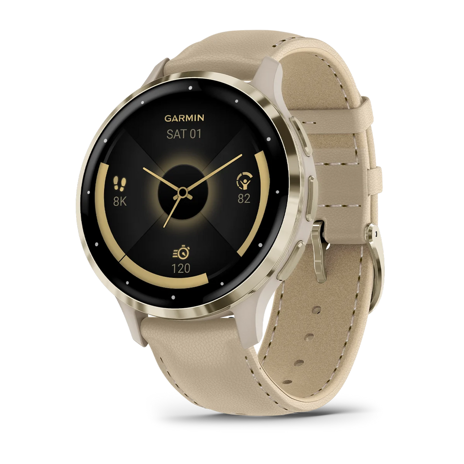 Garmin Venu 3S - Soft Gold Stainless Steel Bezel with French Gray Case and Leather Band