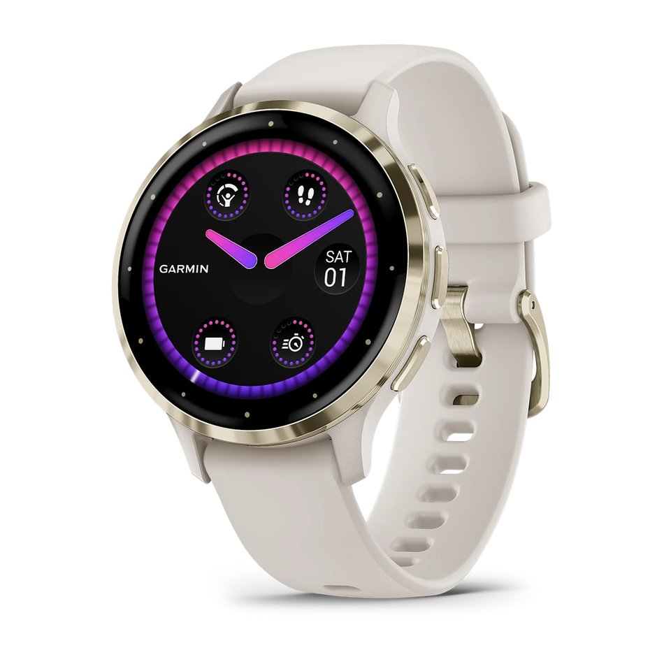 Garmin Venu 3S - Soft Gold Stainless Steel Bezel with Ivory Case and Silicone Band
